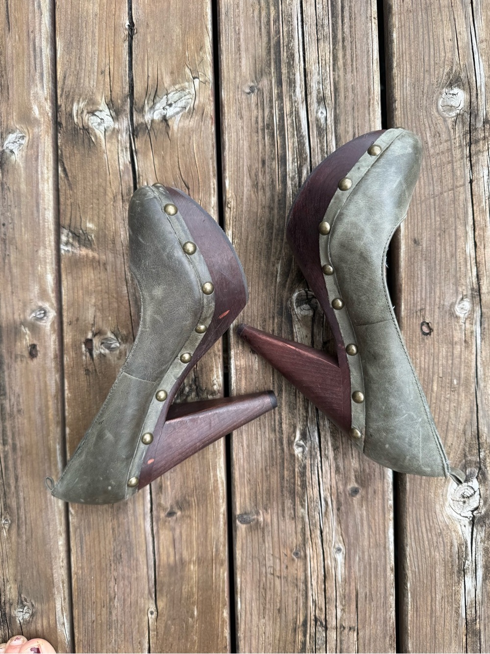 Aldo Olive Green Studded Platform Pumps with Wood-Tone Wedge